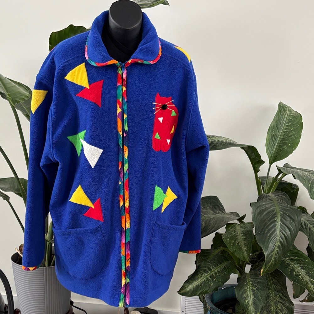 Vintage 90s Grannycore Cat Appliqué Fleece Jacket Folk Art Teacher Coat